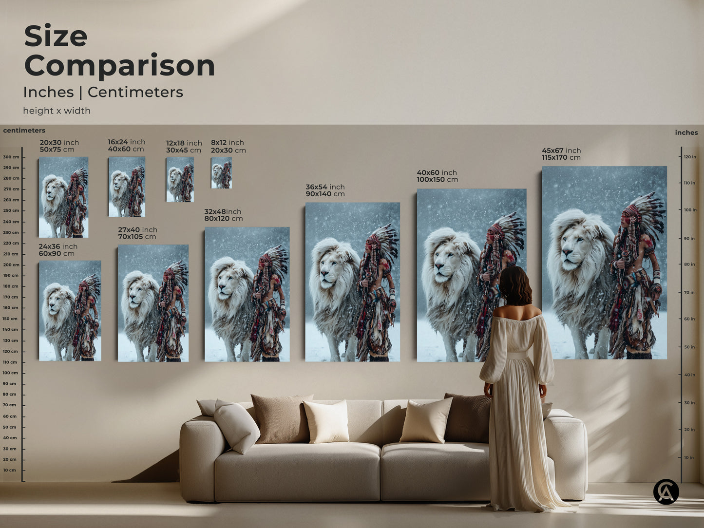 Compare sizes of the Majestic Harmony artwork. See the art with a Native American figure and white lion in various dimensions. Choose from 20x30 to 45x67 inches. Find the perfect scale to enhance your living room decor.