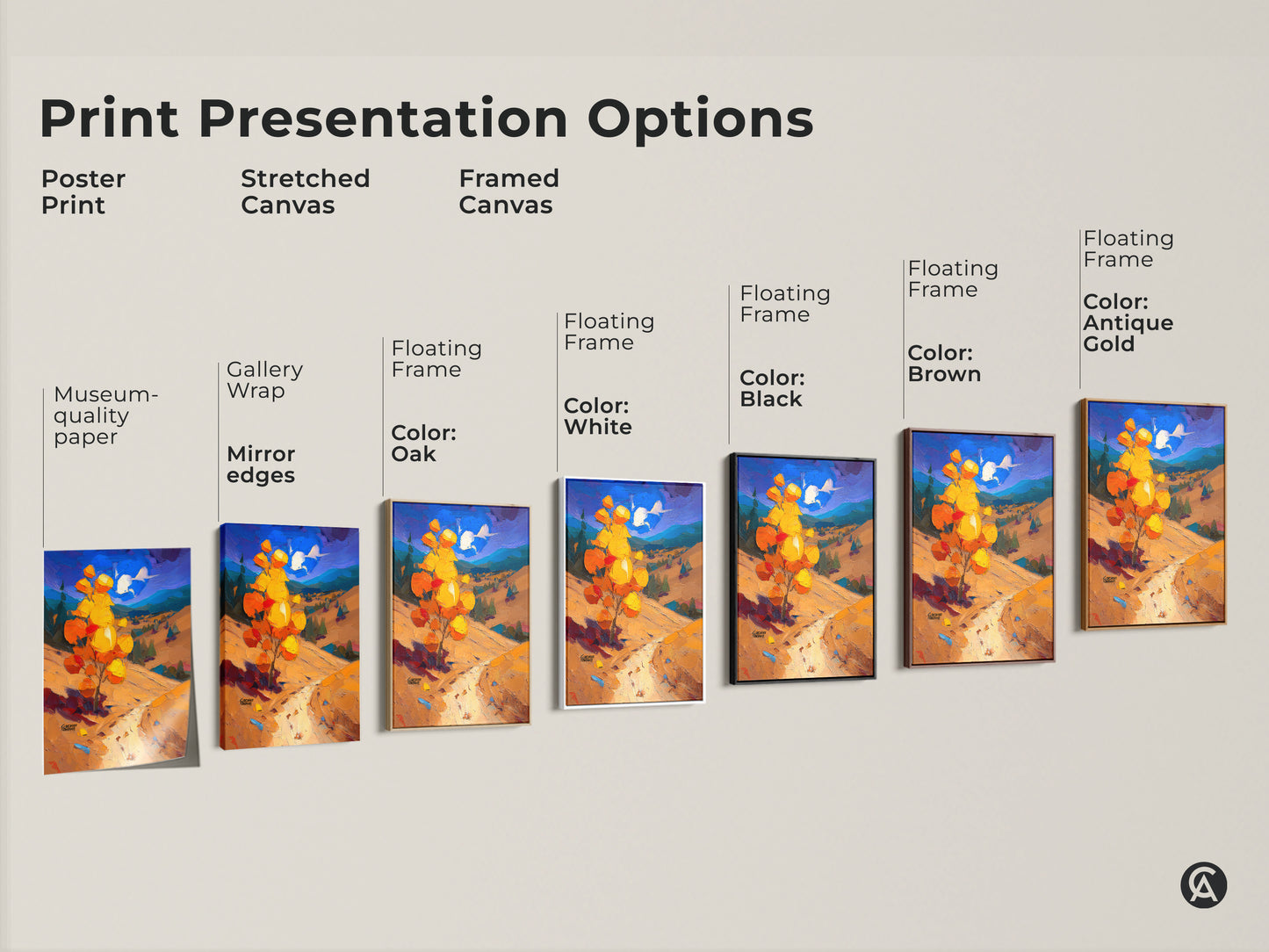 Print presentation options showcasing poster prints stretched canvases and framed canvases. An impressionist autumn scenery is displayed. Options include black brown antique gold and white frames. Museum quality paper is used. 