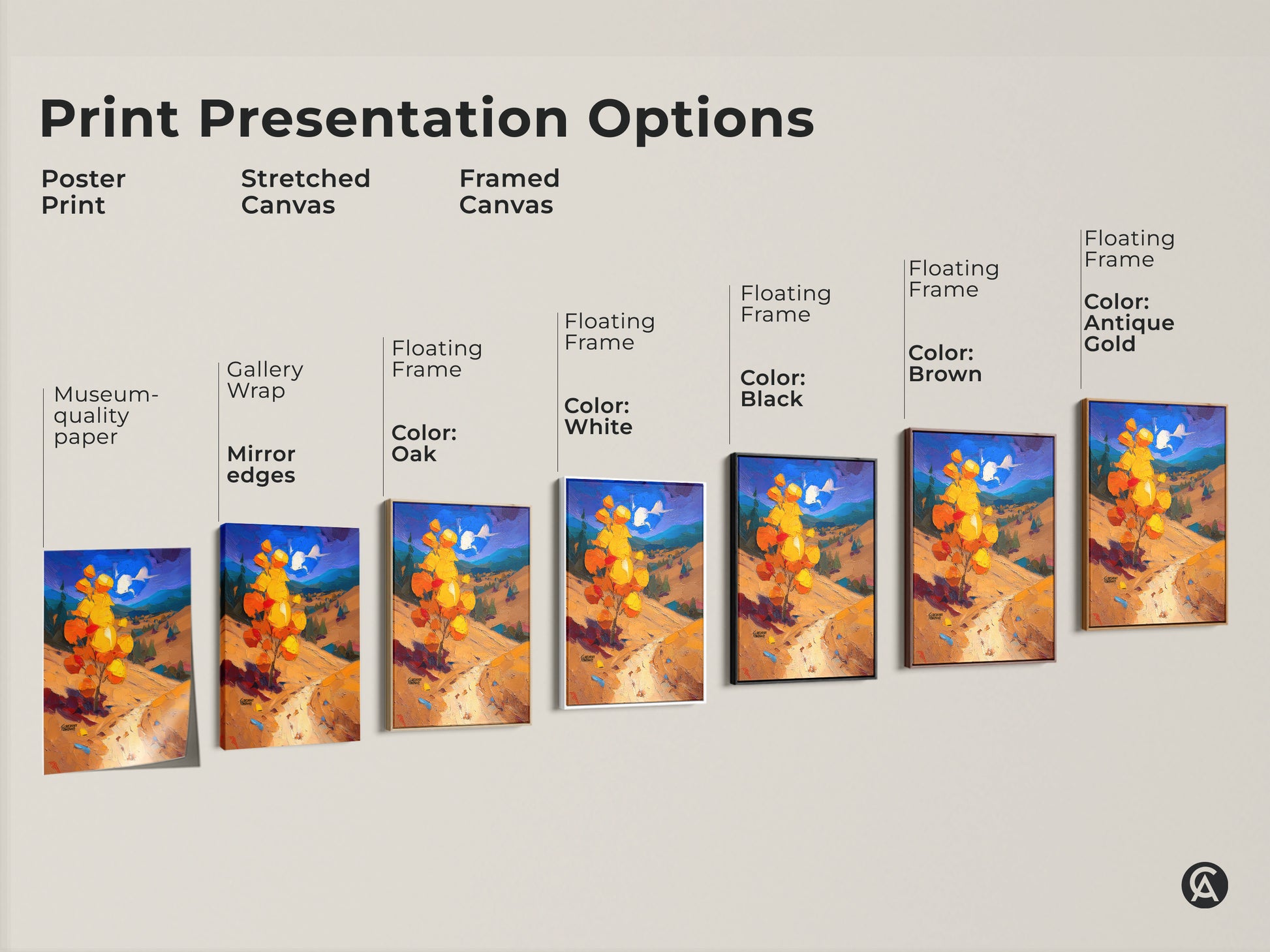Print presentation options showcasing poster prints stretched canvases and framed canvases. An impressionist autumn scenery is displayed. Options include black brown antique gold and white frames. Museum quality paper is used. 