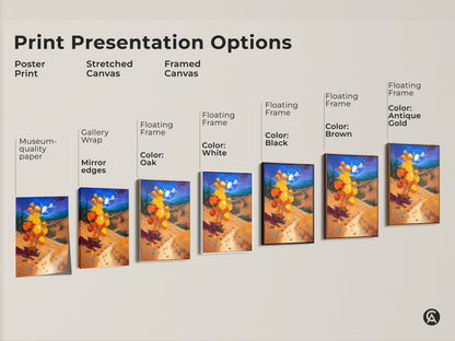 Print presentation options showcasing poster prints stretched canvases and framed canvases. An impressionist autumn scenery is displayed. Options include black brown antique gold and white frames. Museum quality paper is used. 