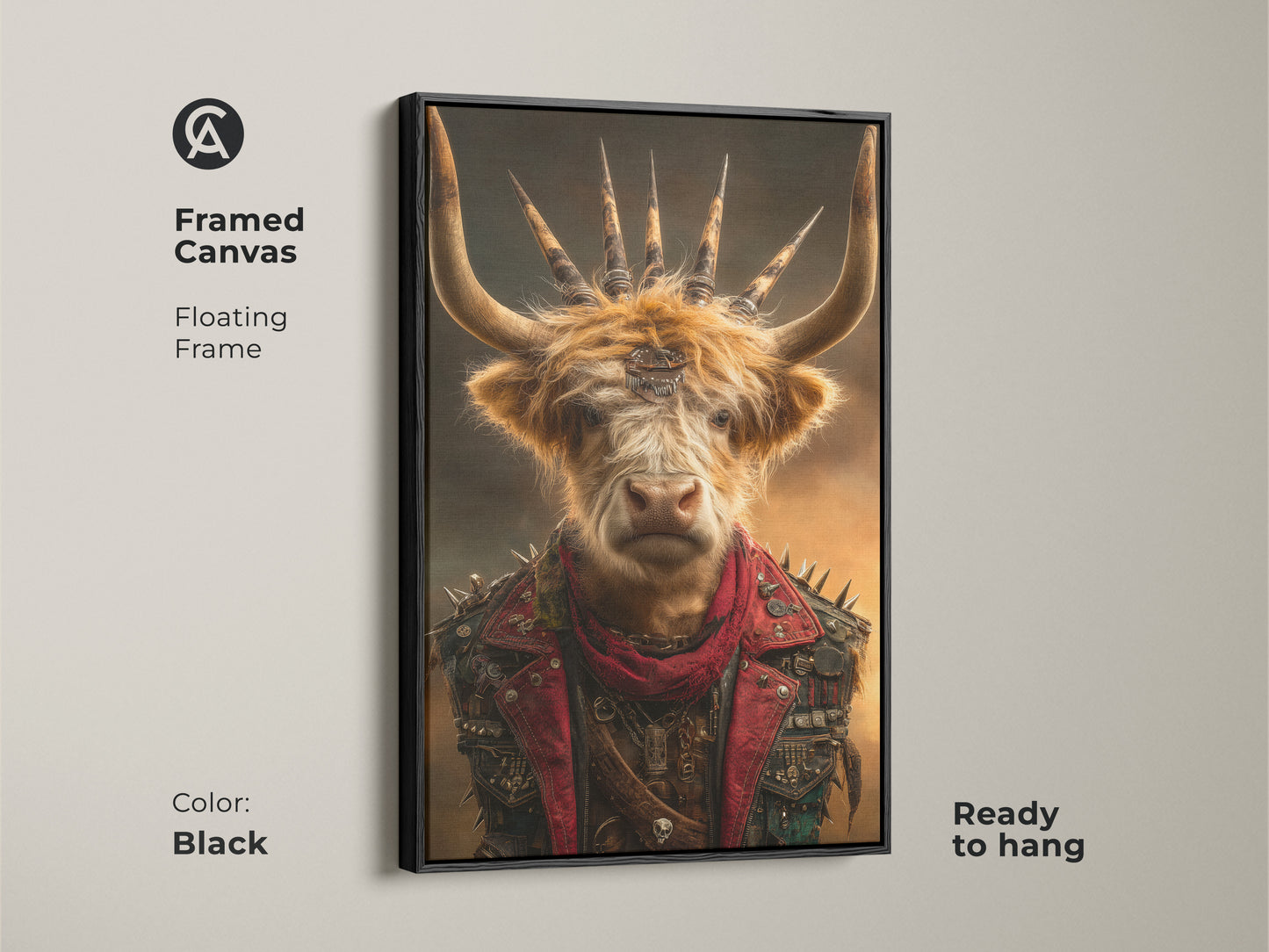 Framed Canvas Steampunk Highland Cow artwork with a floating black frame. Ready to hang this gothic punk animal art print features eclectic red brown tones. Enhance your office decor with this unique bearded bull canvas. Ideal for alternative wall art.