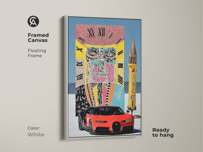 Framed in white this canvas features surreal face clock and sports car art. The floating frame gives a clean modern look. The artwork is ready to hang. Perfect for adding a touch of eclectic style to any room. The vibrant colors and unique surrealism make it a focal point.