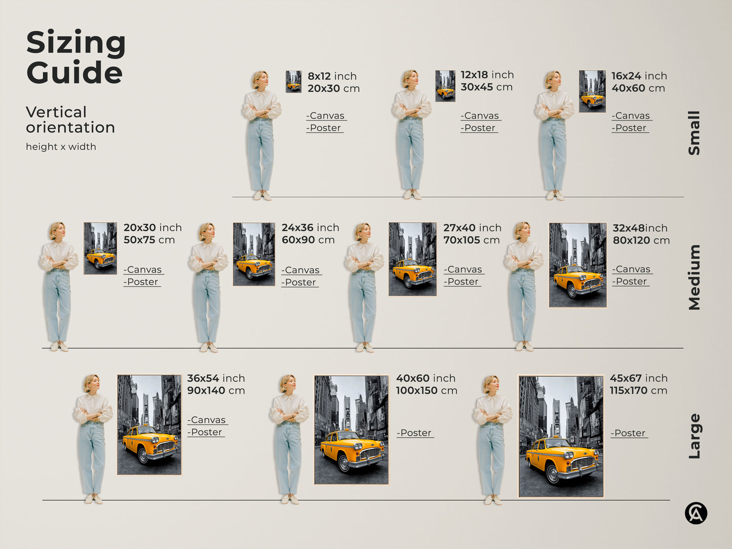 Find the perfect size with our sizing guide for the yellow taxi art. Visualize canvas and poster options in various dimensions. From small to large find the ideal fit for your wall. This New York City taxi art will transform your space. Select your preferred size now.
