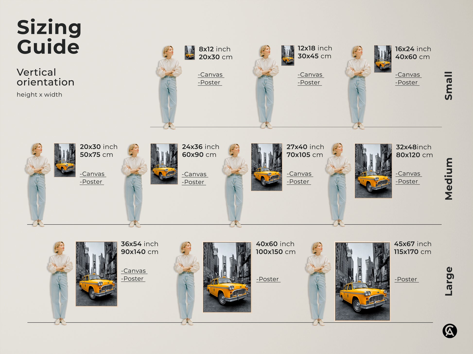 Find the perfect size with our sizing guide for the yellow taxi art. Visualize canvas and poster options in various dimensions. From small to large find the ideal fit for your wall. This New York City taxi art will transform your space. Select your preferred size now.