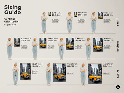 Find the perfect size with our sizing guide for the yellow taxi art. Visualize canvas and poster options in various dimensions. From small to large find the ideal fit for your wall. This New York City taxi art will transform your space. Select your preferred size now.