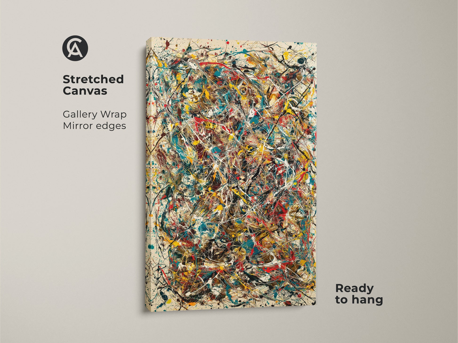 Stretched canvas print of abstract artwork. Gallery wrapped with mirror edges creating a seamless look. This modern art is ready to hang adding color and energy to any space. Perfect for contemporary art lovers.