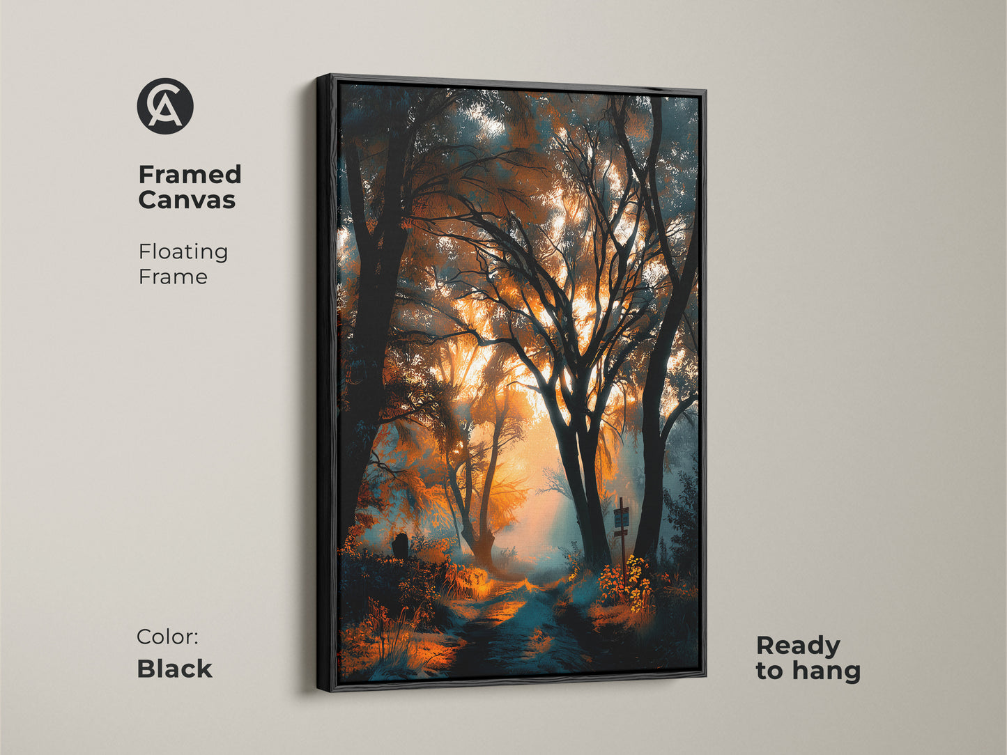 Black framed canvas artwork featuring a forest path. The floating frame adds sophistication. Ready to hang. This piece brings nature's beauty into your home. A timeless artwork.