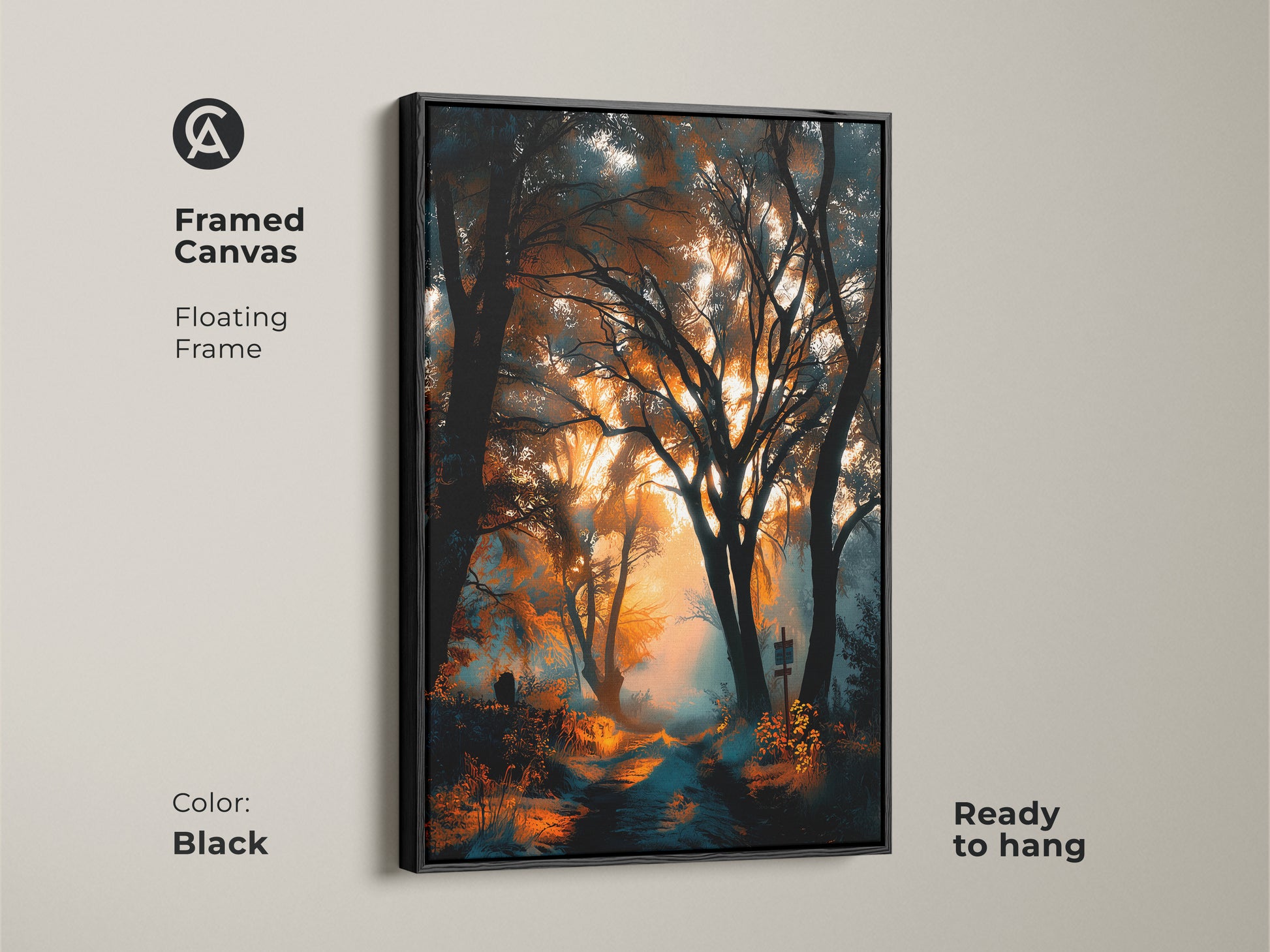 Black framed canvas artwork featuring a forest path. The floating frame adds sophistication. Ready to hang. This piece brings nature's beauty into your home. A timeless artwork.
