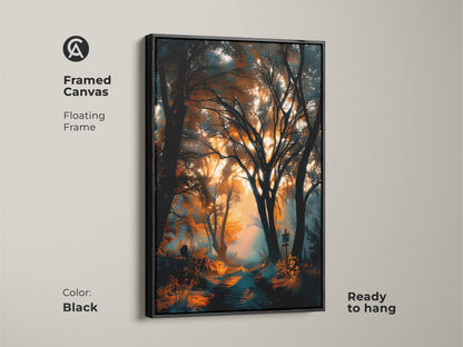 Black framed canvas artwork featuring a forest path. The floating frame adds sophistication. Ready to hang. This piece brings nature's beauty into your home. A timeless artwork.