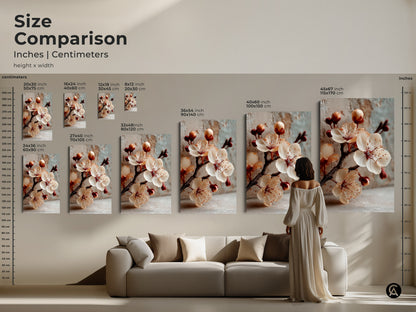 Size comparison of cherry blossom art prints in inches and centimeters. See how different sizes look above a sofa. Choose the perfect scale for your soft peach wall art.