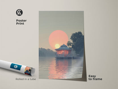 Poster Print of Bungalow Sunset Art. This coastal lake house art features a peach and blue tropical landscape. The poster print is rolled in a tube and easy to frame. Enjoy the serene waterfront bungalow painting.