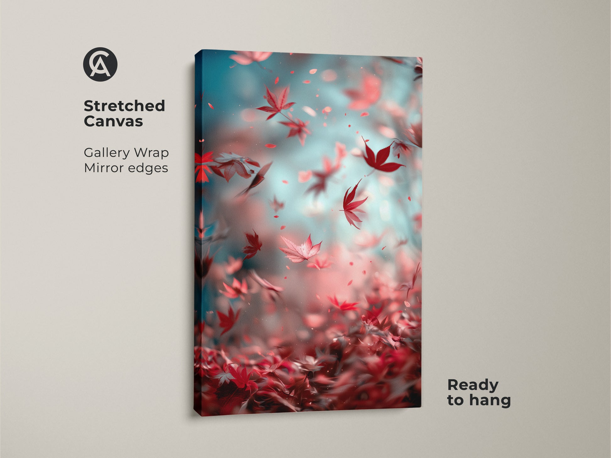 Stretched canvas art showcasing falling maple leaves. The gallery wrap with mirror edges provides a seamless look. Ready to hang for easy installation. A beautiful piece of wall art for any room. Enjoy the serene beauty of nature in your home.