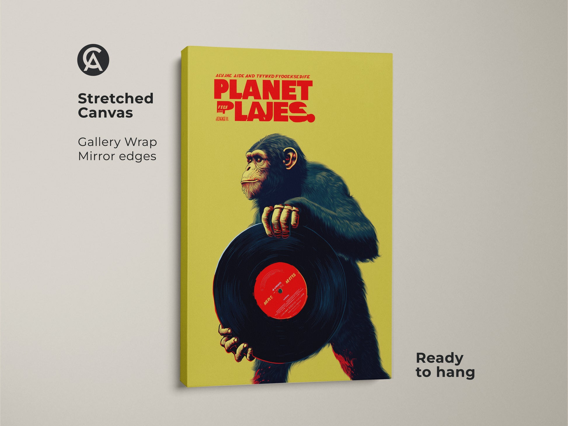 Stretched canvas art featuring a chimpanzee with a vinyl record. This gallery-wrapped canvas print has mirrored edges. This retro music poster adds an eclectic touch to any space. The lime green and red color palette makes it a unique piece of animal artwork.