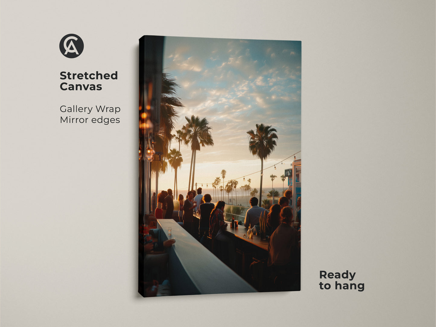 Stretched canvas artwork featuring a bustling bar scene at sunset. The gallery wrap showcases mirror edges for a clean modern look. This ready-to-hang art brings a vibrant coastal vibe to your home decor. Ideal for adding life to any room.