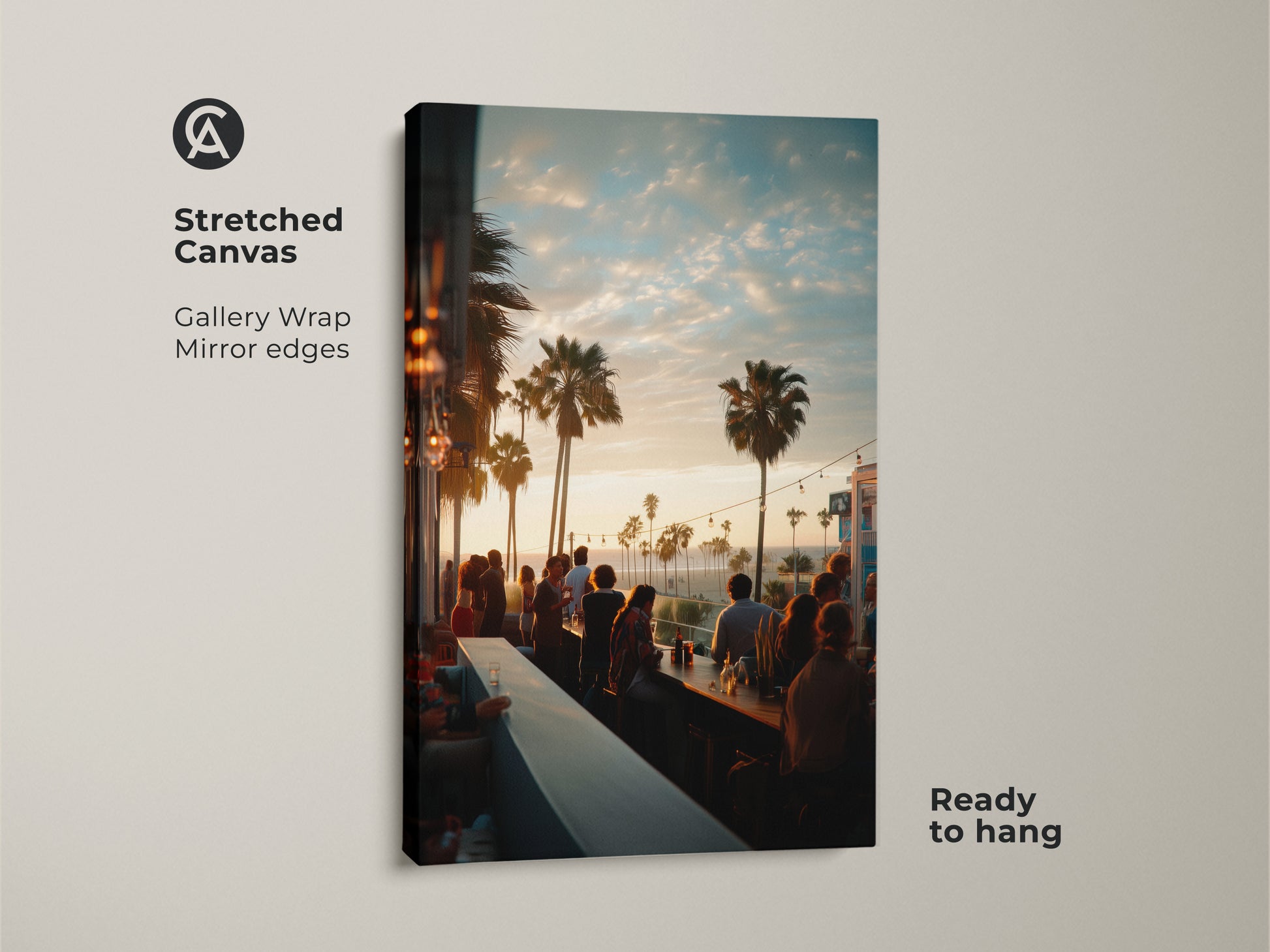 Stretched canvas artwork featuring a bustling bar scene at sunset. The gallery wrap showcases mirror edges for a clean modern look. This ready-to-hang art brings a vibrant coastal vibe to your home decor. Ideal for adding life to any room.