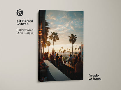 Stretched canvas artwork featuring a bustling bar scene at sunset. The gallery wrap showcases mirror edges for a clean modern look. This ready-to-hang art brings a vibrant coastal vibe to your home decor. Ideal for adding life to any room.