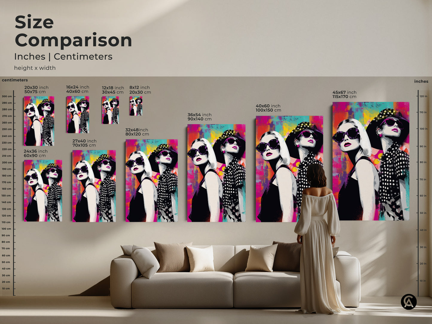 Size comparison showcasing pop art prints of fashionable women in sunglasses in various dimensions. Visualize how each canvas size fits within a living space. From 8x12 inches to 45x67 inches find the perfect modern wall art for your home. The vibrant magenta and teal abstract artwork adds a stylish touch to any room.