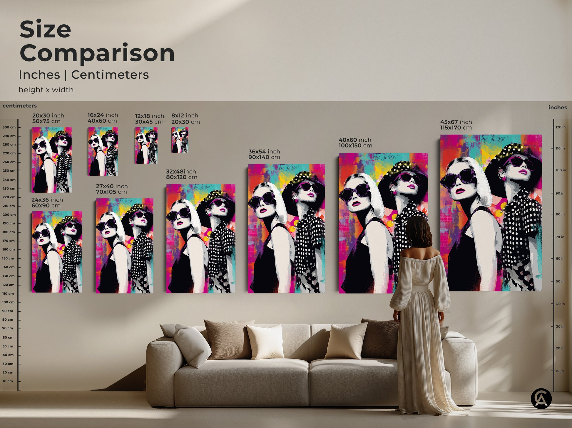 Size comparison showcasing pop art prints of fashionable women in sunglasses in various dimensions. Visualize how each canvas size fits within a living space. From 8x12 inches to 45x67 inches find the perfect modern wall art for your home. The vibrant magenta and teal abstract artwork adds a stylish touch to any room.