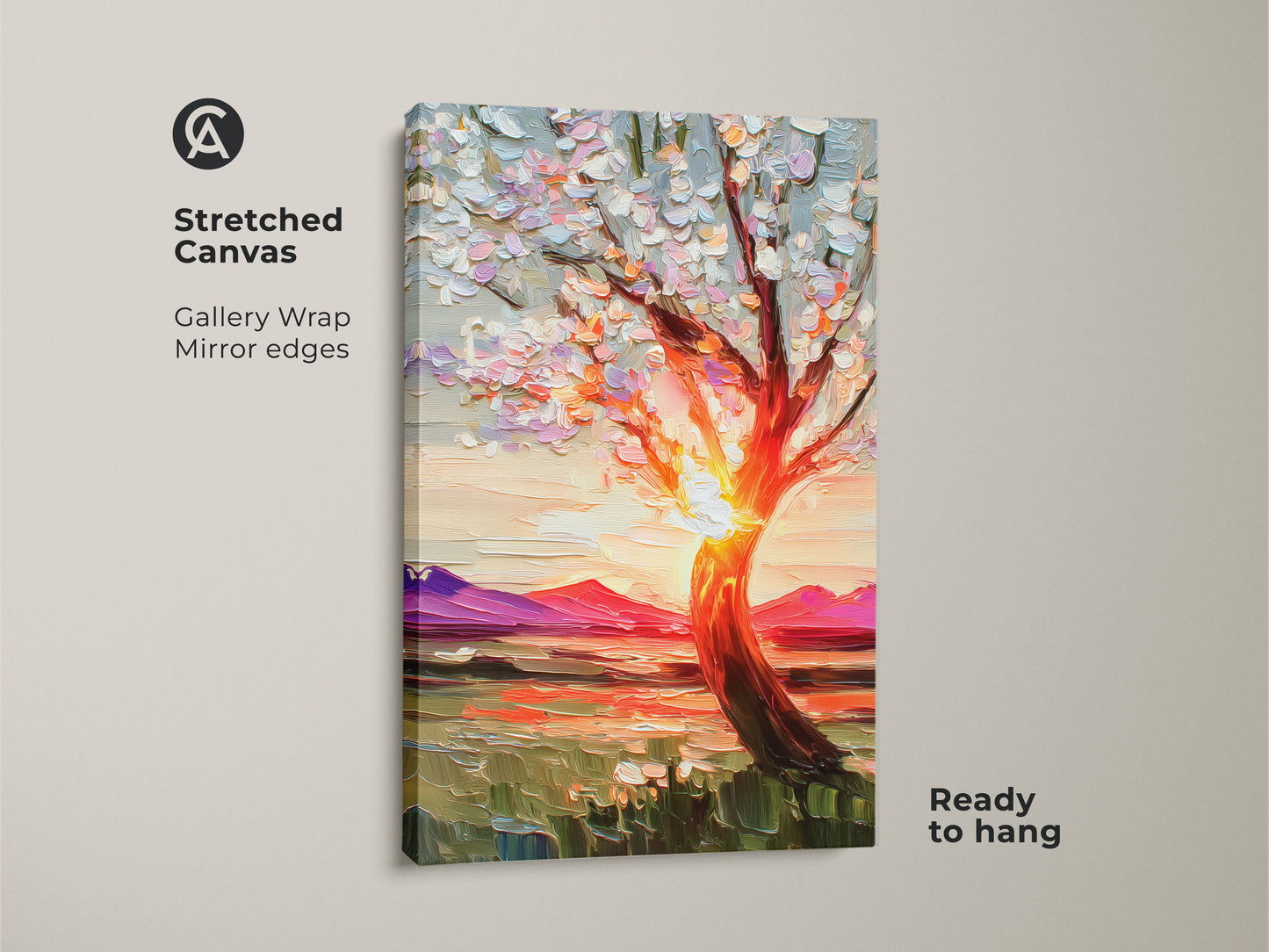 This stretched canvas features an impressionist landscape art print with gallery wrapped mirror edges. A blooming tree is painted against a sunset creating a vibrant nature scene. Ready to hang this textured tree canvas print brings a touch of boho charm to any room. This artwork makes a thoughtful housewarming gift.