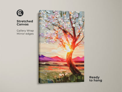 This stretched canvas features an impressionist landscape art print with gallery wrapped mirror edges. A blooming tree is painted against a sunset creating a vibrant nature scene. Ready to hang this textured tree canvas print brings a touch of boho charm to any room. This artwork makes a thoughtful housewarming gift.