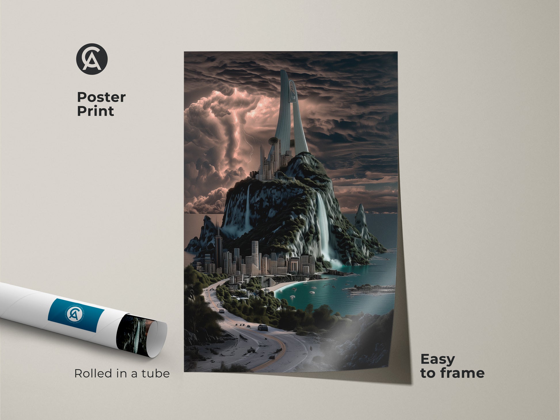 Poster print of a futuristic cityscape. The art is rolled in a tube and easy to frame. The artwork shows a unique city built on an island with cascading waterfalls.