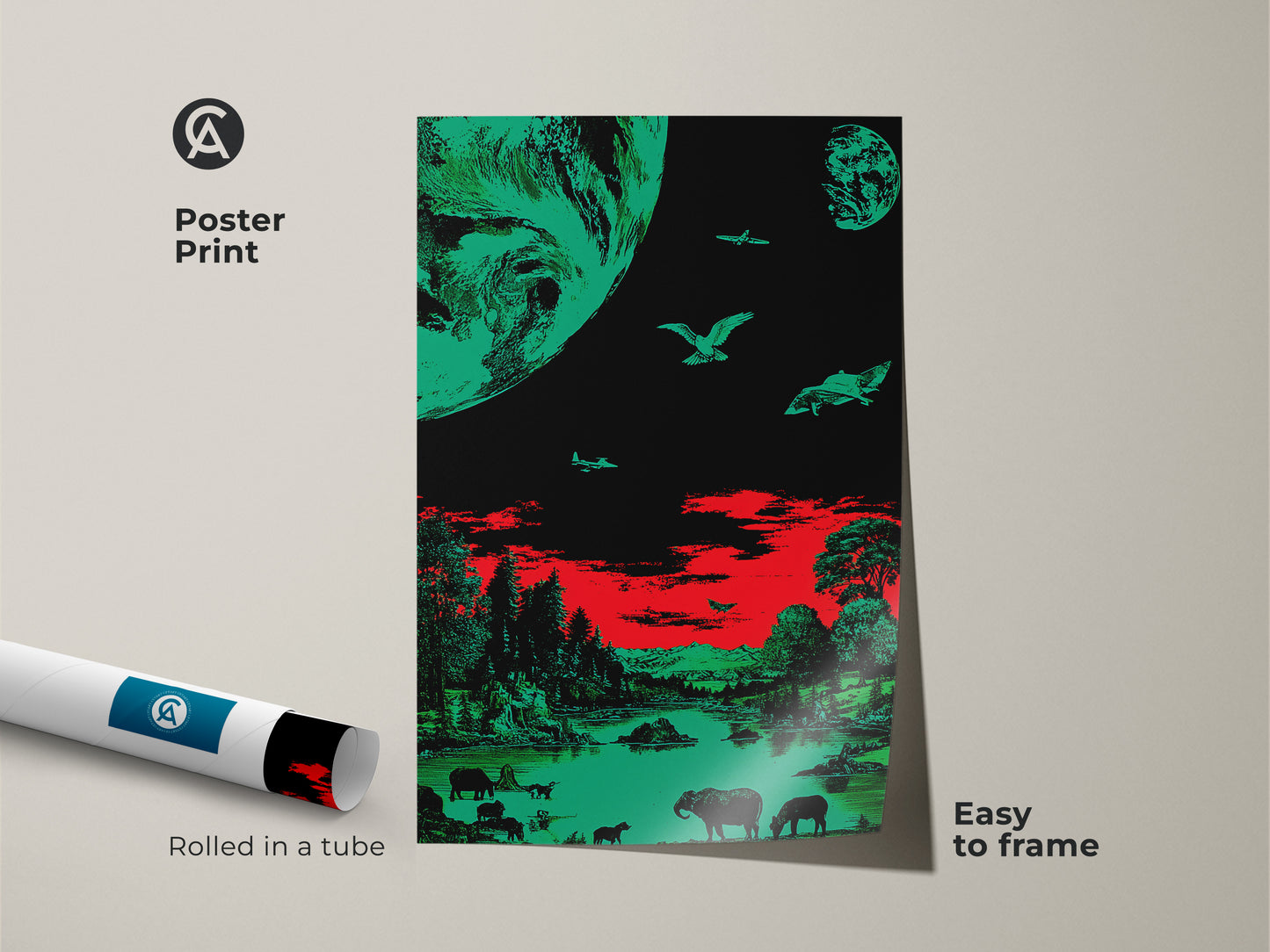 Poster print of surreal earth art in emerald green and red. This retro sci-fi wildlife artwork comes rolled in a tube for easy framing. A perfect gift for stargazers looking to add cosmic landscape art to their space. It offers abstract earth view.