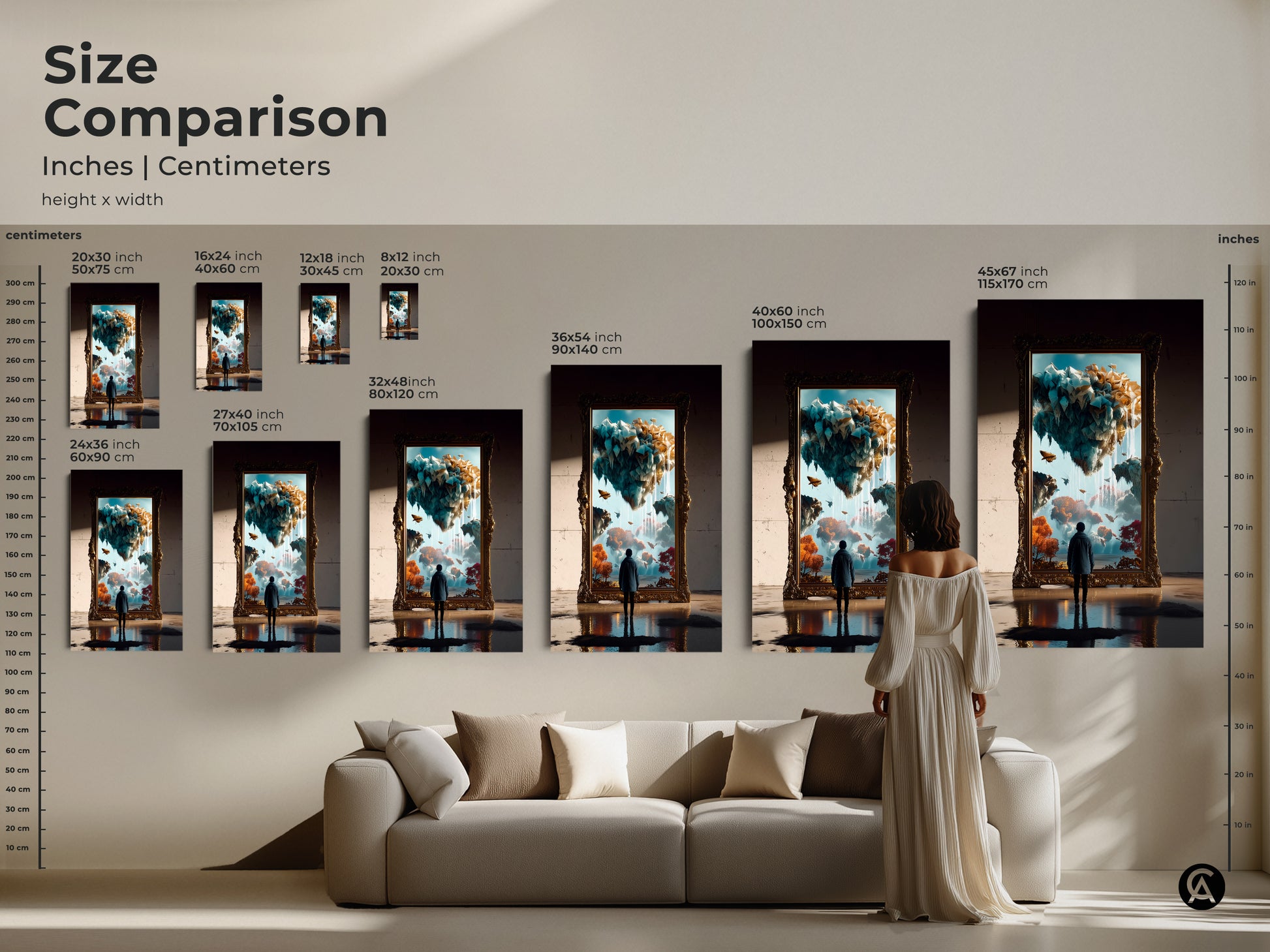 Size comparison of surreal floating islands art prints. See how the art fits above a sofa. Sizes range from small to extra-large. Visualize your dreamy portal wall art today.