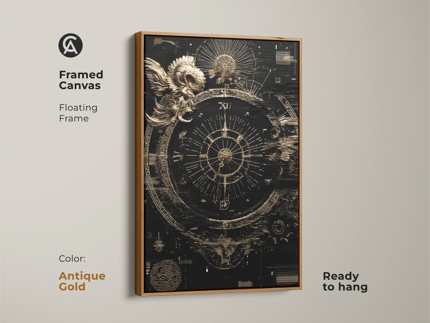 Antique Gold Framed Canvas showcasing Ram Compass Abstract artwork. This Esoteric Steampunk Astrology Wall Decor is ready to hang. A stunning black and gold print for housewarming.