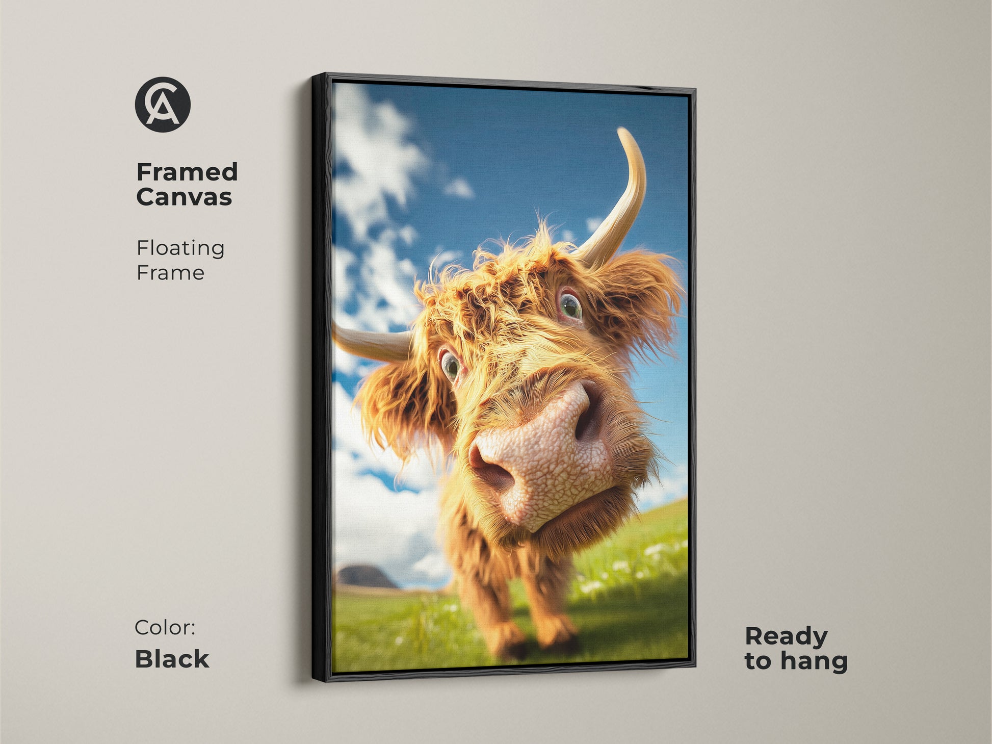 Framed canvas of a cute highland cow face artwork. The black floating frame is ready to hang. Perfect rustic animal lover gift for country bedroom decor. Blue sky art.