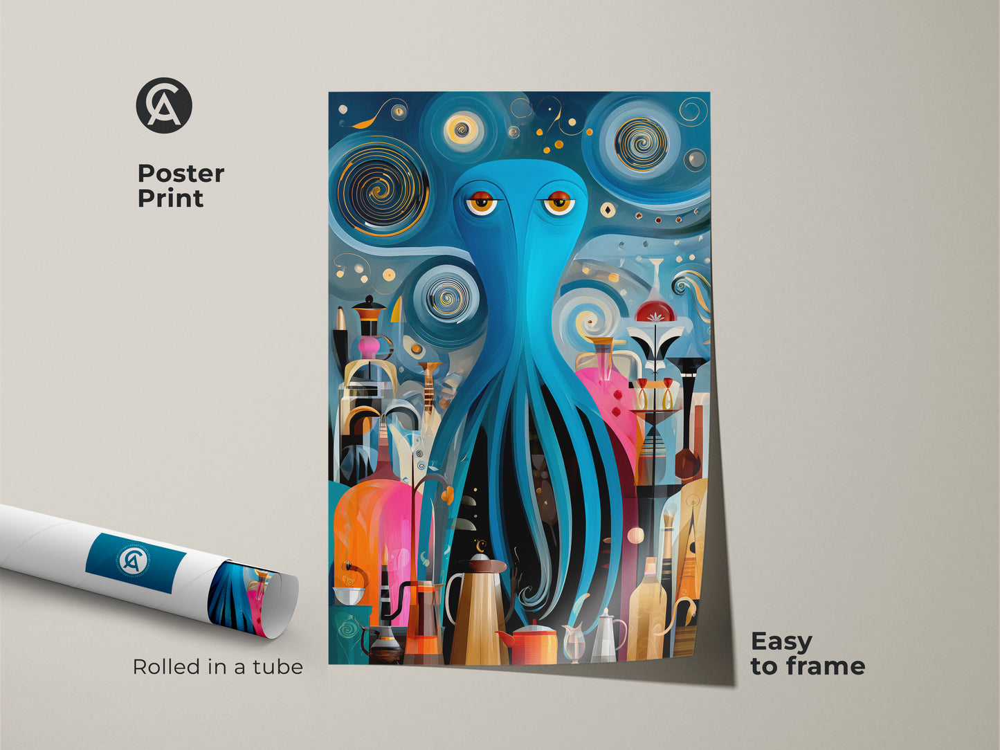 A poster print displays a surreal octopus art piece. This mid-century modern artwork is easy to frame. The teal orange and blue artwork adds a retro touch to kitchen wall decor. Rolled in a tube it is a perfect housewarming present. The abstract coffee art enhances any coffee station.