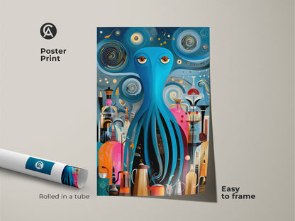 A poster print displays a surreal octopus art piece. This mid-century modern artwork is easy to frame. The teal orange and blue artwork adds a retro touch to kitchen wall decor. Rolled in a tube it is a perfect housewarming present. The abstract coffee art enhances any coffee station.