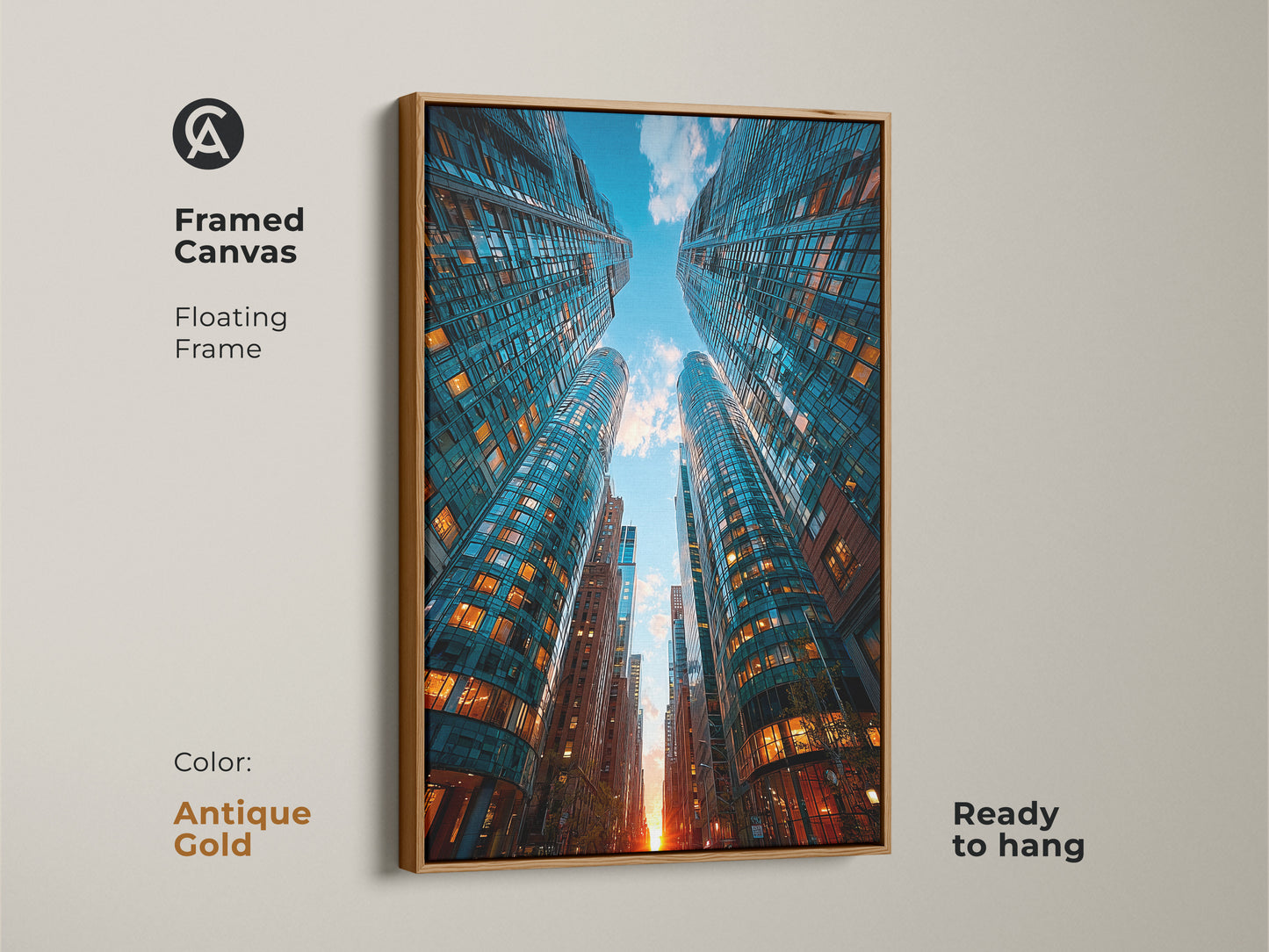 Modern skyscrapers canvas framed in antique gold. The contemporary urban artwork features blue and orange hues. A stylish addition to homes and workplaces. Perfect for city dwellers and art enthusiasts. High-rise building print is ready to hang.