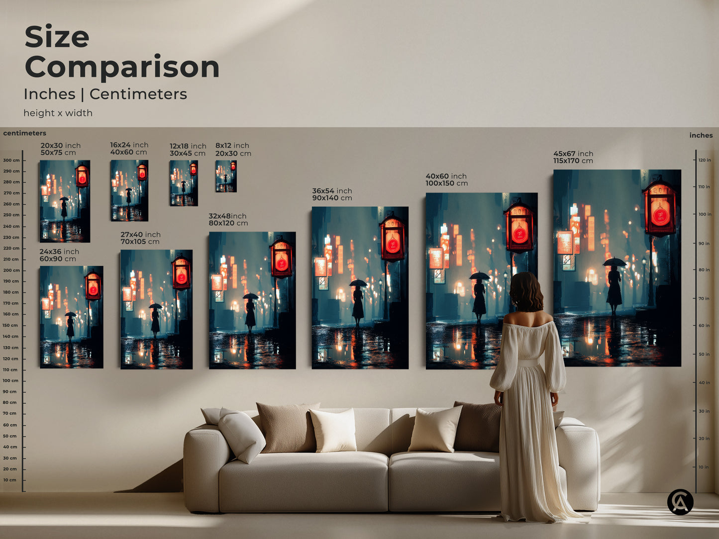 Size comparison of cinematic cityscape art. See canvas and poster sizes in inches and centimeters. Compare 16x24 to 45x67 inches. Visualize the artwork above a couch. Perfect for travel enthusiasts modern apartment decor.