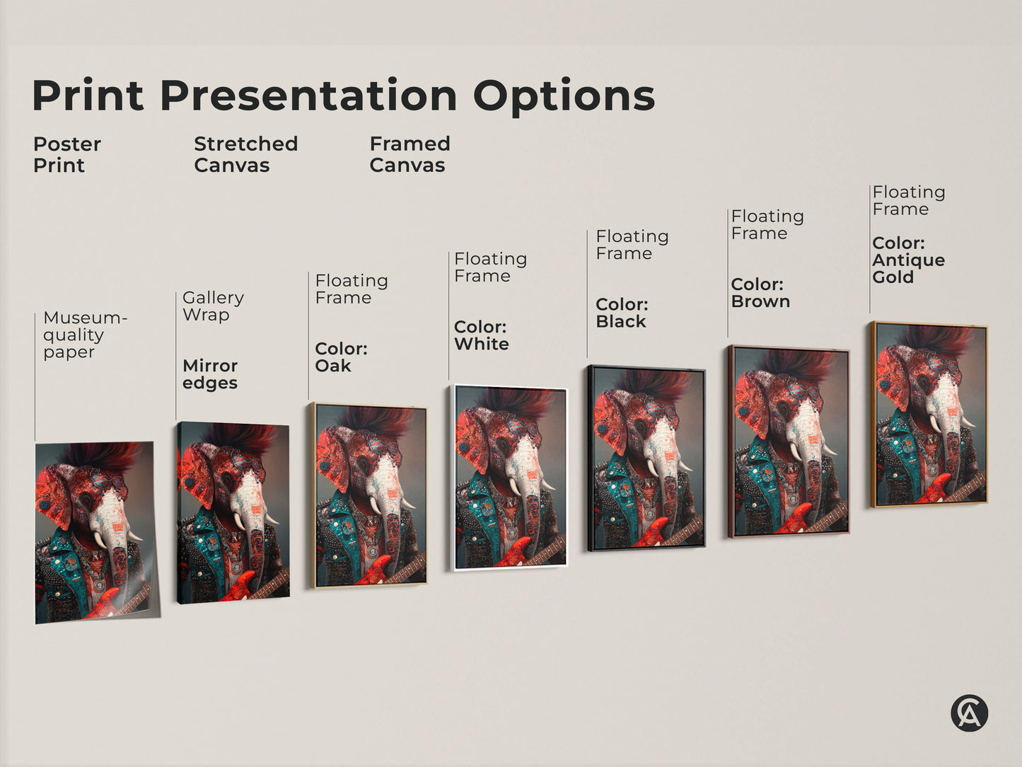 Explore print presentation options for this surreal elephant guitar artwork. Choose from poster prints stretched canvas and framed canvas. Find the perfect style for your eclectic music decor.