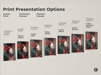 Explore print presentation options for this surreal elephant guitar artwork. Choose from poster prints stretched canvas and framed canvas. Find the perfect style for your eclectic music decor.