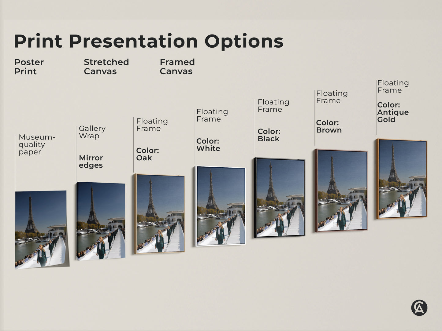Print presentation options include poster print stretched canvas and framed canvas. The art shows the Eiffel Tower and a Parisian fashion runway. Options for gallery wrap floating frame in colors like white black brown and antique gold. Choose the perfect style for your space.