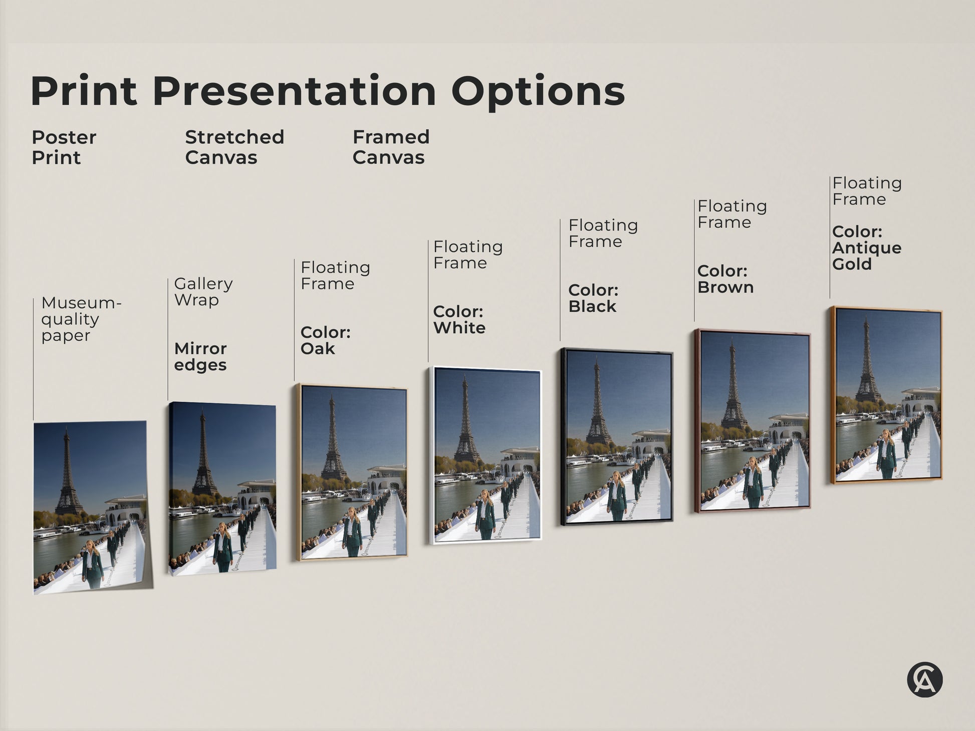Print presentation options include poster print stretched canvas and framed canvas. The art shows the Eiffel Tower and a Parisian fashion runway. Options for gallery wrap floating frame in colors like white black brown and antique gold. Choose the perfect style for your space.