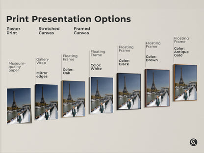 Print presentation options include poster print stretched canvas and framed canvas. The art shows the Eiffel Tower and a Parisian fashion runway. Options for gallery wrap floating frame in colors like white black brown and antique gold. Choose the perfect style for your space.