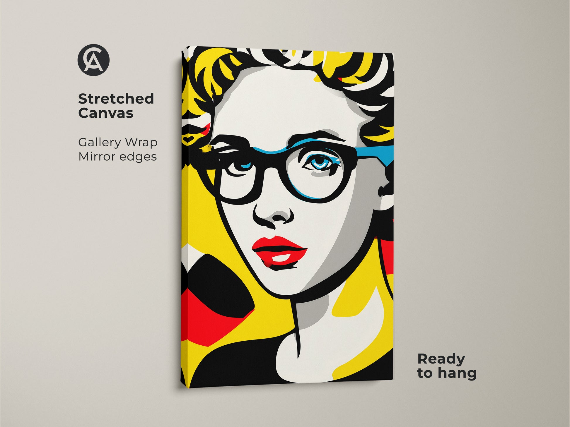 Stretched canvas art piece featuring a woman with glasses. The gallery wrap ensures the artwork has mirror edges. The artwork is ready to hang with a clean modern aesthetic.