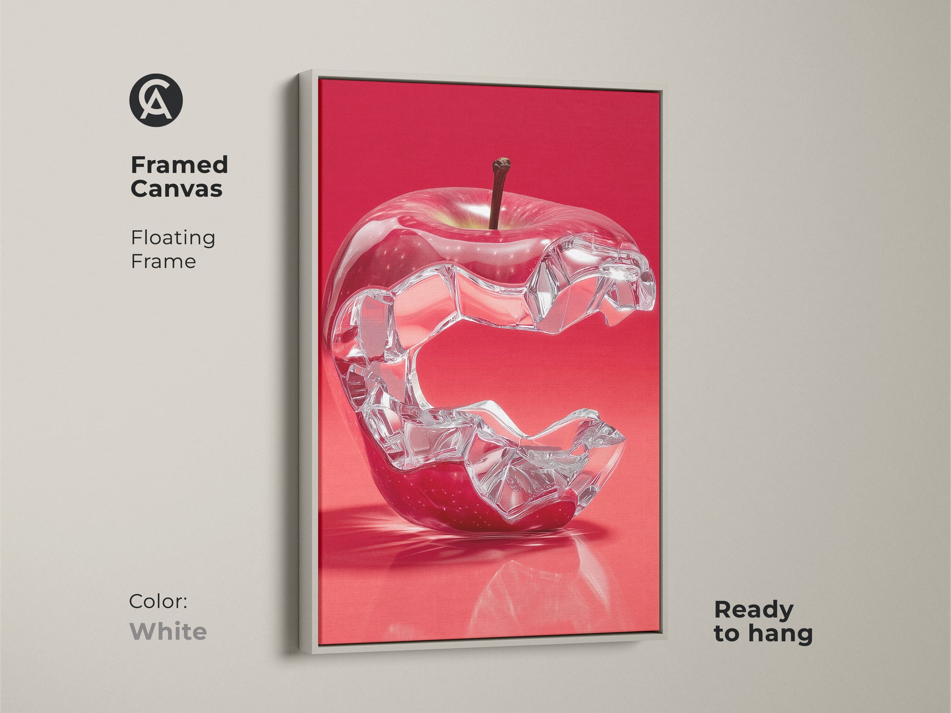 Framed Canvas of a crystal apple wall art. The floating frame is white and the artwork is ready to hang. This modern surrealist art adds a touch of contemporary art to your home decor.