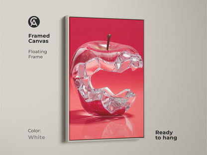 Framed Canvas of a crystal apple wall art. The floating frame is white and the artwork is ready to hang. This modern surrealist art adds a touch of contemporary art to your home decor.