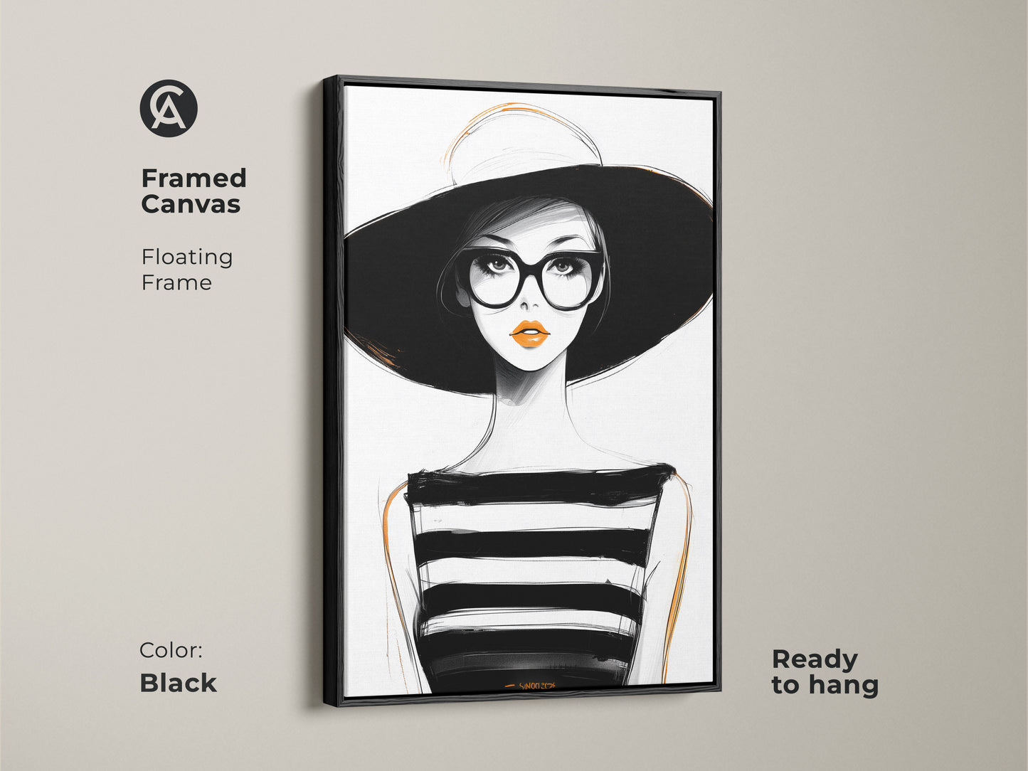 Framed canvas art featuring a minimalist woman portrait. The floating frame adds elegance. This black white and orange art is ready to hang. A contemporary female portrait for sophisticated wall decor.