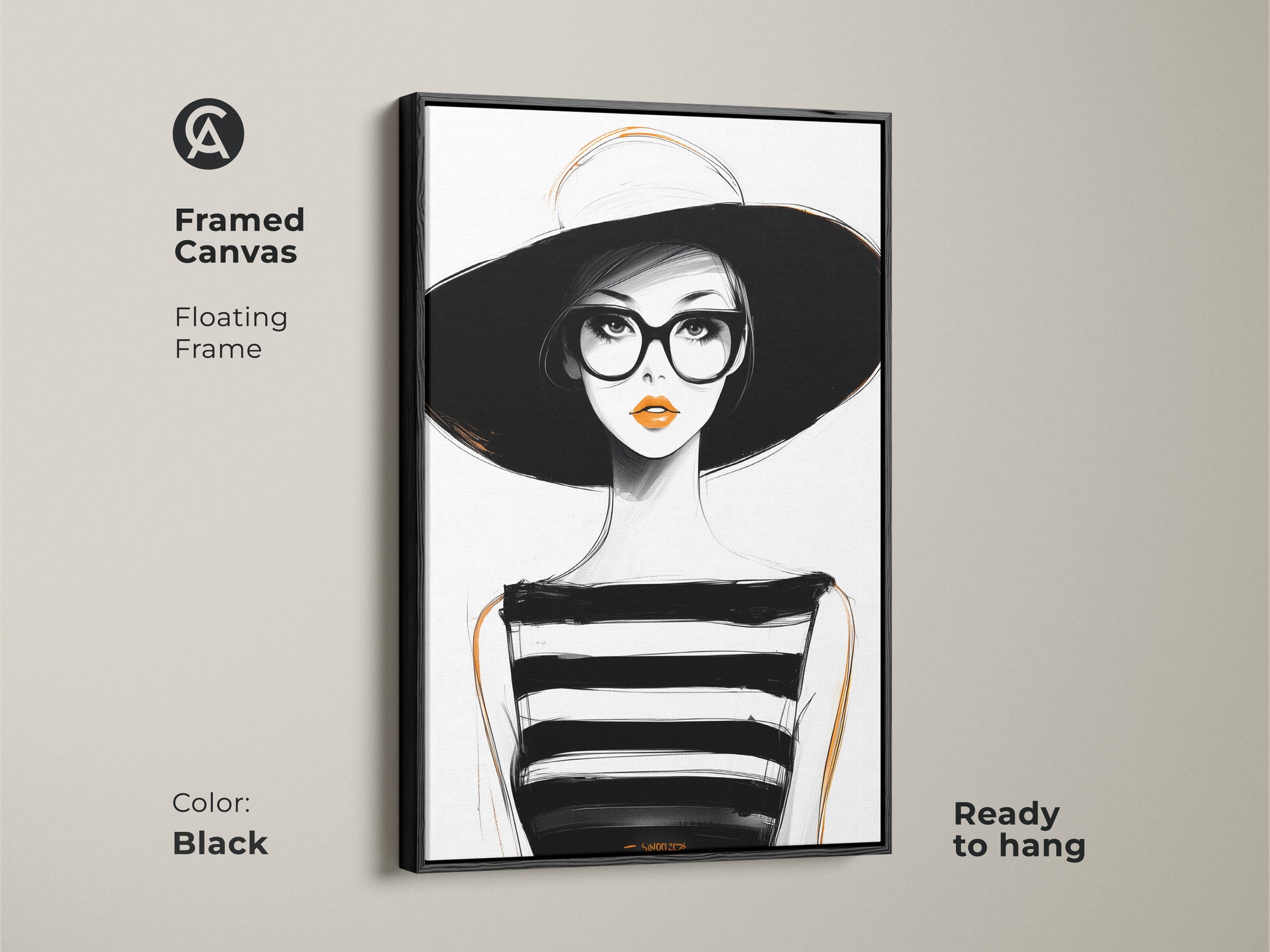 Framed canvas art featuring a minimalist woman portrait. The floating frame adds elegance. This black white and orange art is ready to hang. A contemporary female portrait for sophisticated wall decor.