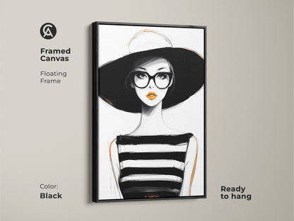 Framed canvas art featuring a minimalist woman portrait. The floating frame adds elegance. This black white and orange art is ready to hang. A contemporary female portrait for sophisticated wall decor.