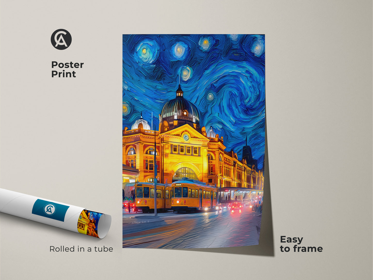 Poster print of Flinders Street Station in Melbourne. The artwork is in the style of Starry Night. The poster is rolled in a tube. It is easy to frame. This print is museum-quality paper.