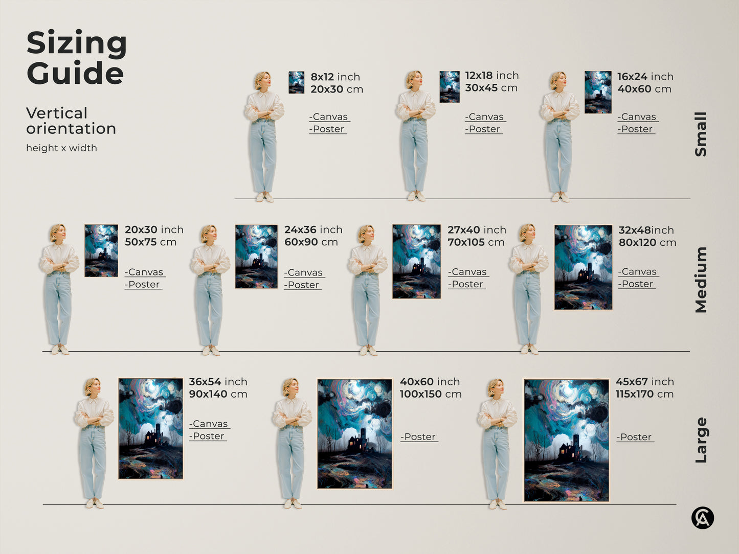 Sizing guide for vertical orientation art. Models showcase the gothic haunted house art in various sizes. Available as canvas and poster prints. Ranging from small to large sizes. Find the perfect fit for any space.