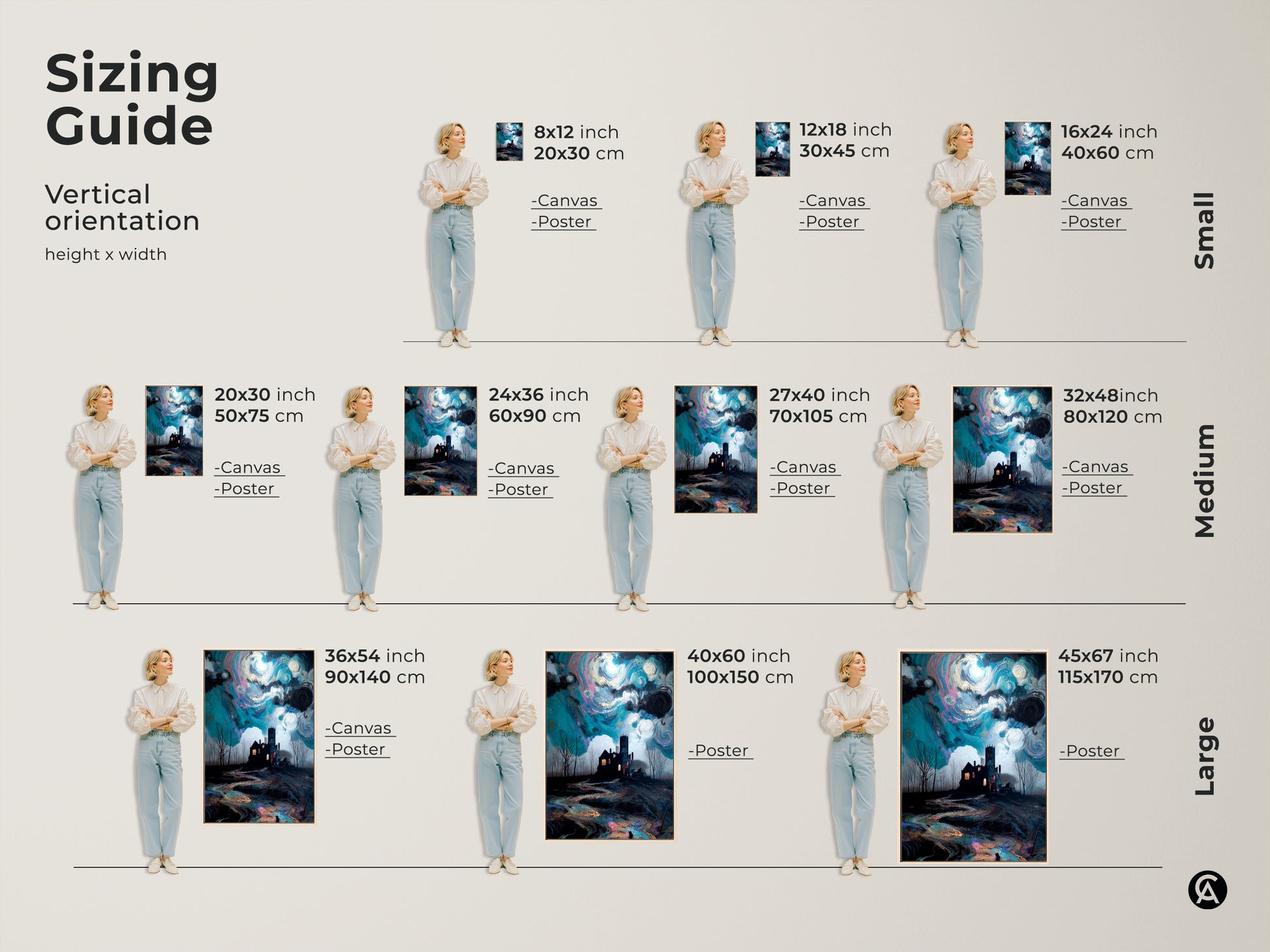 Sizing guide for vertical orientation art. Models showcase the gothic haunted house art in various sizes. Available as canvas and poster prints. Ranging from small to large sizes. Find the perfect fit for any space.