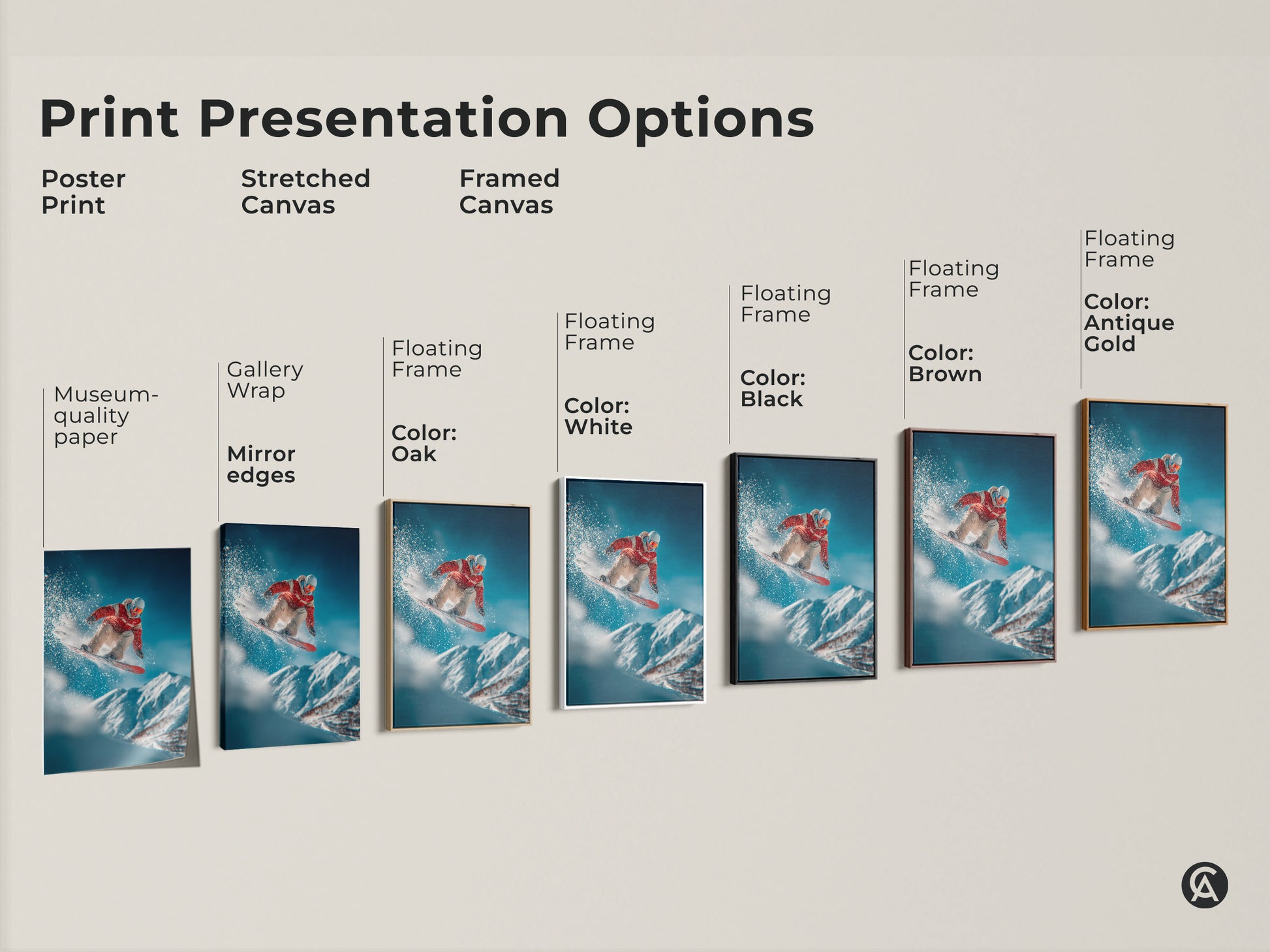 Explore print presentation options with this snowboarder art. Choose from poster prints to stretched canvas and framed canvas. Different frame colors available like black brown antique gold and white. Find your perfect style.