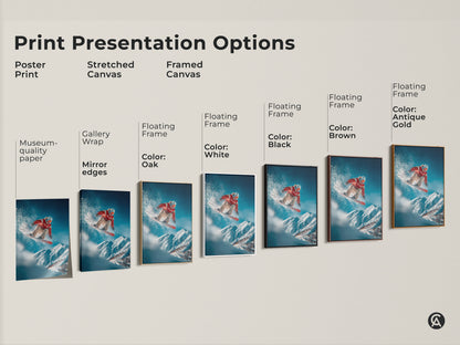 Explore print presentation options with this snowboarder art. Choose from poster prints to stretched canvas and framed canvas. Different frame colors available like black brown antique gold and white. Find your perfect style.