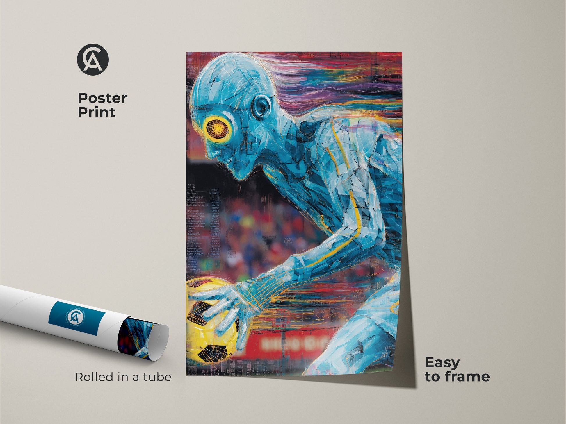 Poster print of abstract soccer art rolled in a tube. An easy-to-frame blue and yellow soccer print. This contemporary sports artwork adds a modern touch to any room. It makes a perfect soccer gift for sports fans.